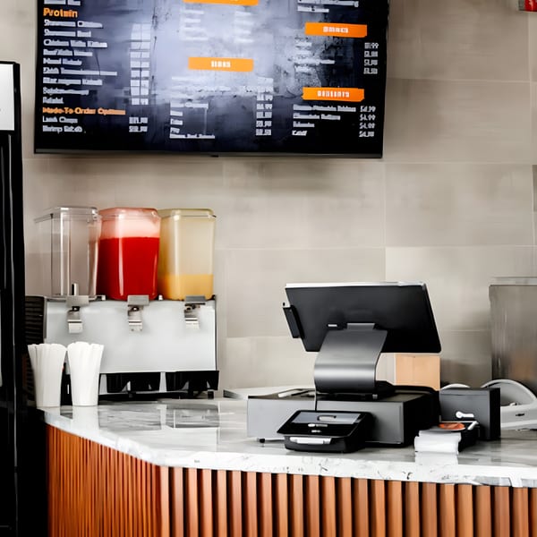A Shawarma Shack counter with a menu board, drink dispensers, and a point-of-sale system.