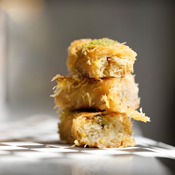 Three pieces of golden, shredded phyllo dough pastries, possibly kunafa or baklava, stacked on a checkered surface.